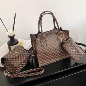 WOMENS  FAUX LEATHER 3 PC CHECKERED PATTERN CROSSBODY BAG